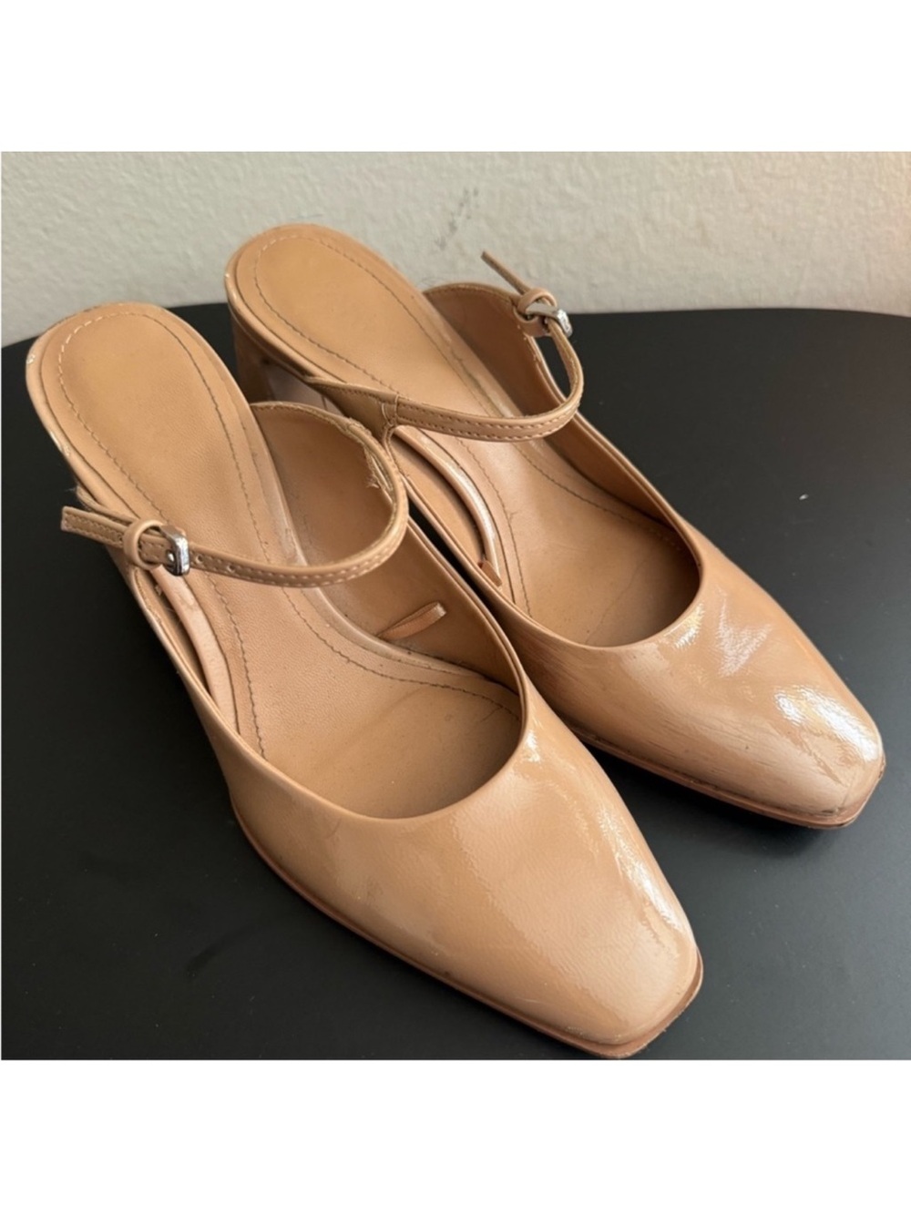 Zara Patent Slingback Heels in Nude Tan